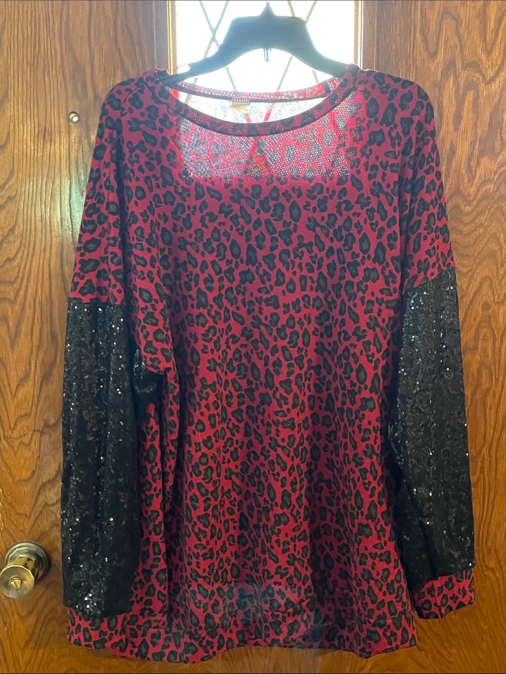 Red Leopard Print Women's Top with Black Sequin Sleeves